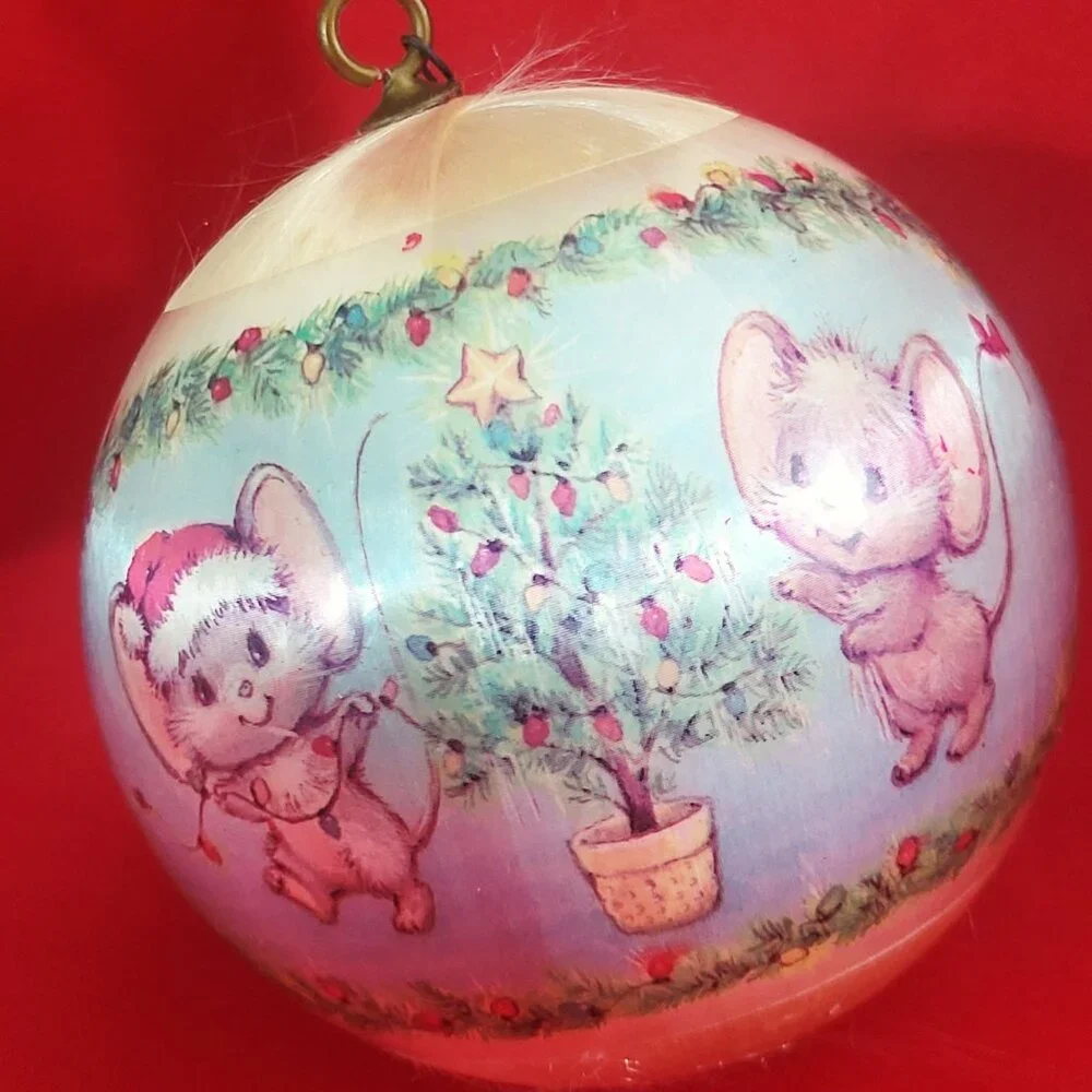 Vintage Hallmark Christmas Mouse Silk Ball Ornament 1977